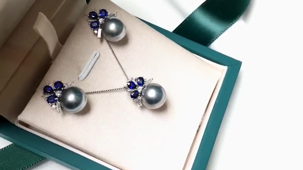 9-10 mm Tahitian Pearl Earrings, 18k White Gold w/ Diamond - AAAA